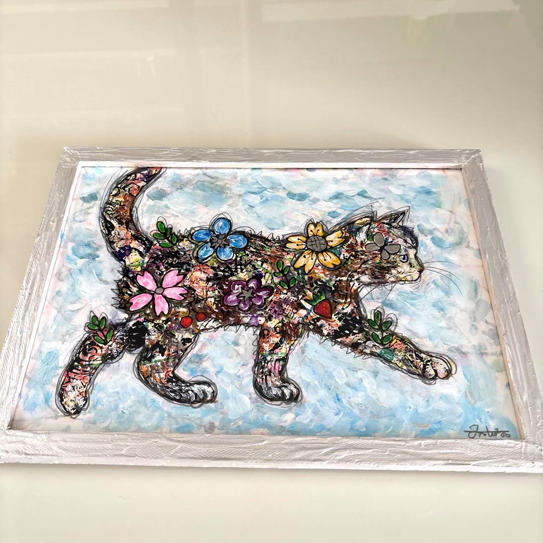 手作り額付きシルクスクリーン応用絵画title「旅するニャンコ」