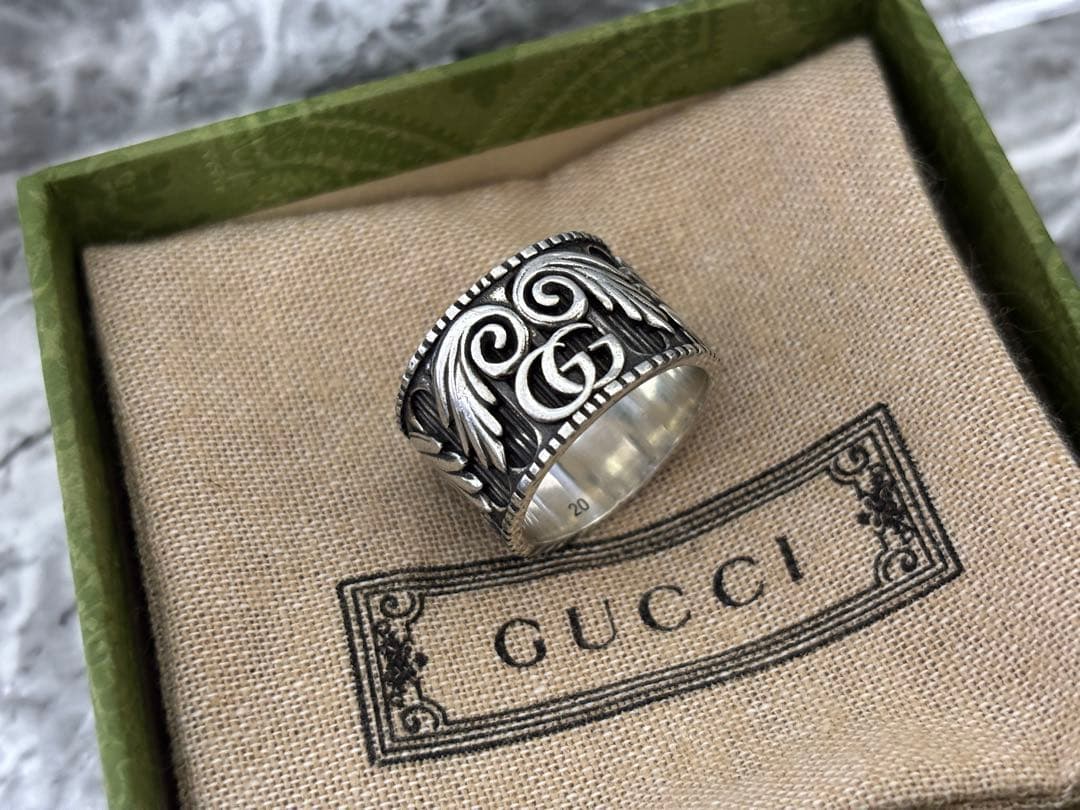 GUCCI ワイド フェザー GG リーフ SV925 リング 19-20号